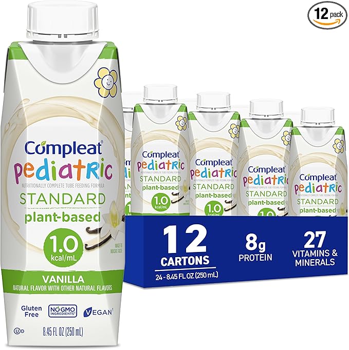Compleat Pediatric Standard 1.0 Plant-Based Vanilla Nutrition Shake, 8g of Protein, 27 Vitamins & Minerals - Vegan Tube Feeding Formula, 8.45 Fl Oz (Pack of 12)