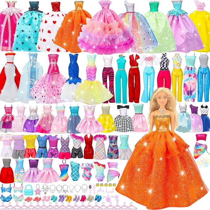90 Pcs Doll Clothes and Accessories,2 Wedding Gowns 2 Evening Dresses 6 Fashion Dresses 4 Set Casual Outfit Top and Pant 2 Swimsuit,20 Hanger 10 Shoe 41 Accessories Toys for Girls Kid Gift