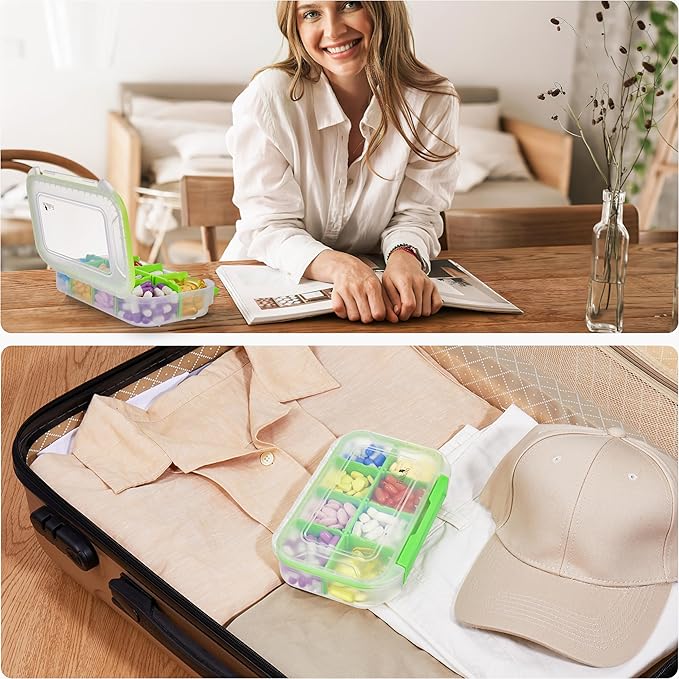 Fullicon Large Pill Organizer with 8 Compartments, Moisture Proof Travel Pill Box with Removable Divider, Daily Pill Container with Lables, Pill Case for Vitamin, Fish Oil, Supplement (Clear Green)