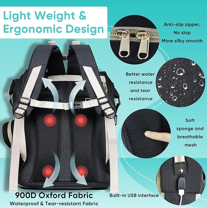 Diaper Bag Backpack for Mom and Dad, Large Capacity Baby Travel Bag with USB Charging Port, Waterproof Foldable Baby Bag for Boys and Girls, Stylish Maternity Backpack for Travel & Hospital，Black