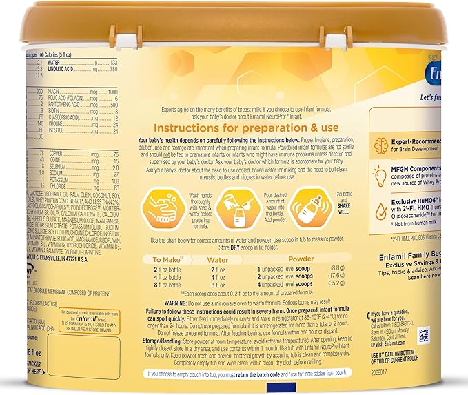 Enfamil NeuroPro Baby Formula, Milk-Based Infant Nutrition, MFGM* 5-Year Benefit, Expert-Recommended Brain-Building Omega-3 DHA, Exclusive HuMO6 Immune Blend, Non-GMO, 124.2 oz