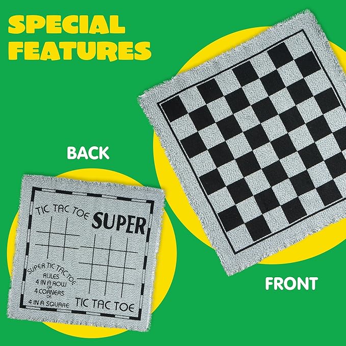 3-in-1 Vintage Giant Checkers, Tic, Tac, Toe, with Reversible Mat, 24 Chips, Family Board Game, Lawn Game, BBQ Party Favor, Indoor and Outdoor Activity for Kids and Adults