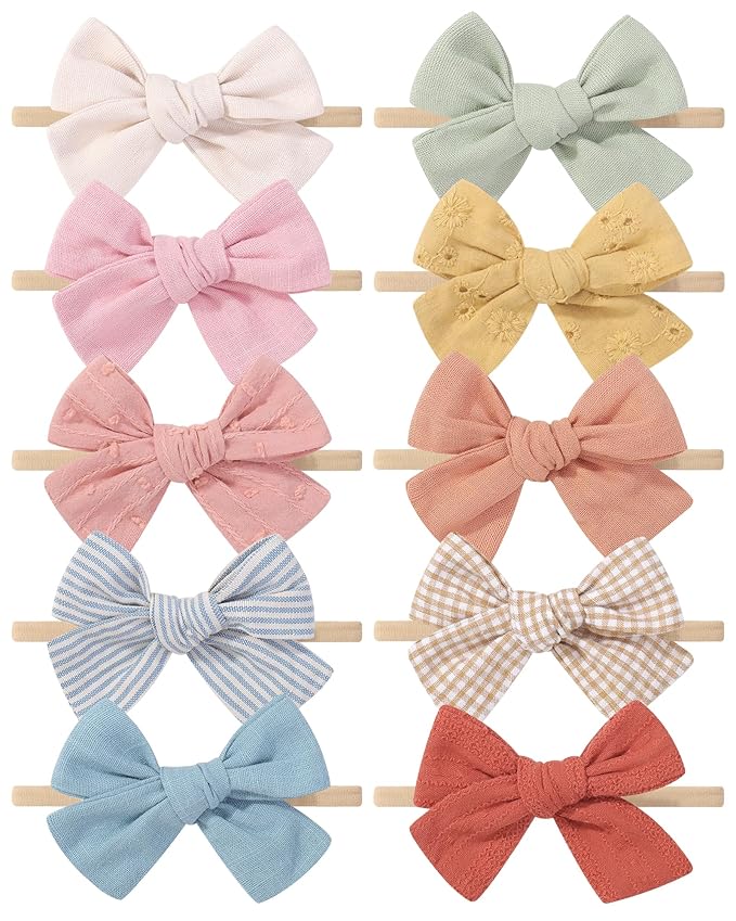 doboi 10PCS Baby Girls Headbands Hair Bows Nylon Cotton Linen Hairbands Handmade Hair Accessories for Newborn Infant Toddlers Little Girl and Kids 3.5Inches