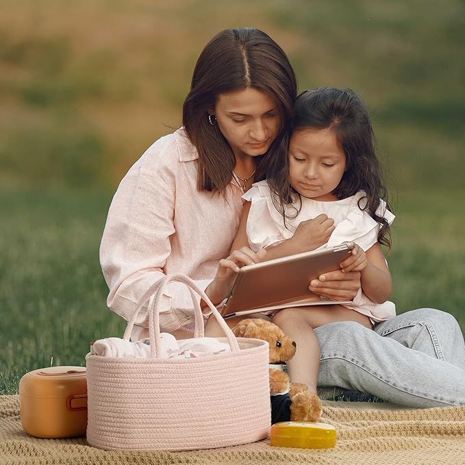 Diaper Caddy Organizer, Empty Gift Basket for Newborn Essentials, Baby Storage Basket, Stylish Gift Bag for Baby Shower, Boys and Girls – Small, Light Pink