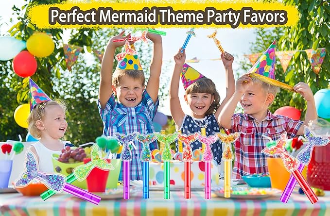 24PCS Glitter Mermaid Tail Bubble Wands for Kids Mermaid Party Favors Decorations Supplies, Mermaid Party Pinata Stuffer, Goodie Bags Filler, School Classroom Prizes