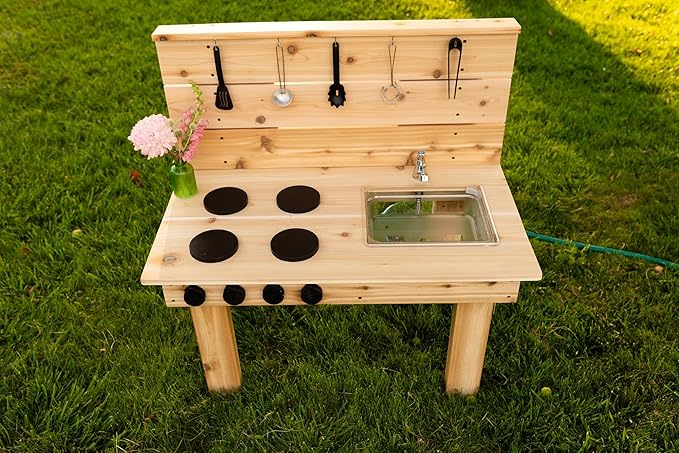 Noble Toys Mini Mud Kitchen with Functional Stovetop Sink for Kids | Pretend Play Toddler Table with Running Water | Outdoor Playset Working Sink | Real Wooden Kitchens | Preschool Equipment