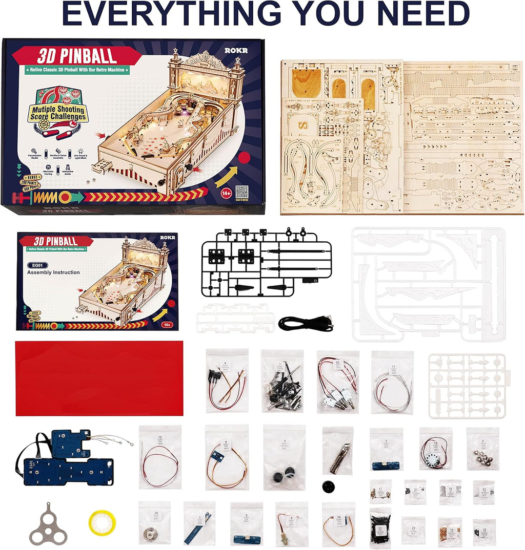 ROKR Miniature Pinball Machine-3D Wooden Puzzles for Adults-DIY Wood Model Kits for Adults-Toy Gifts for Ages 14 and Up