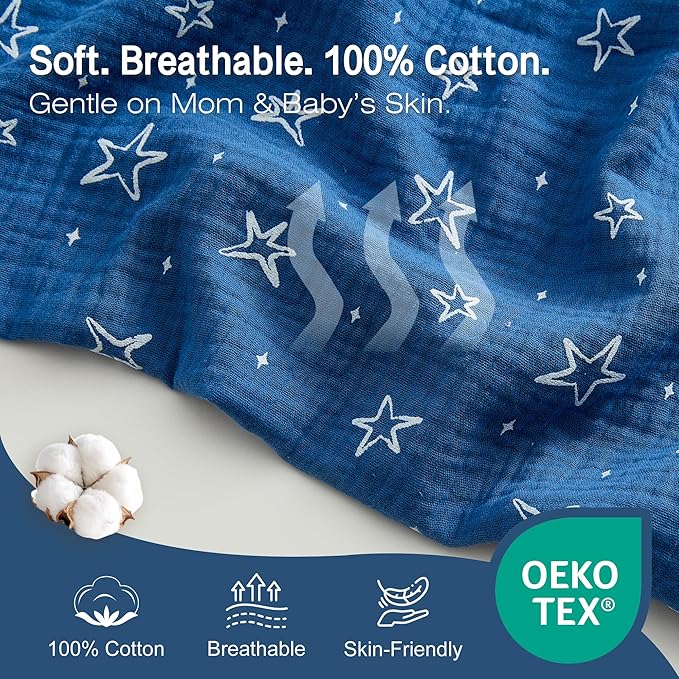 Nursing Cover 100% Cotton Breastfeeding Cover Privacy Muslin Large Full Coverage Baby Nursing Scarf with Gift Box (Blue Starry Sky)