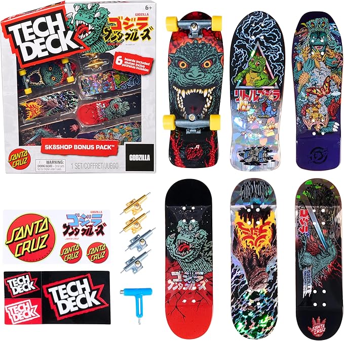 TECH DECK, Godzilla Sk8shop Fingerboard Bonus Pack, Collectible and Customizable Mini Skateboards, Kids Toys for Ages 6 and up