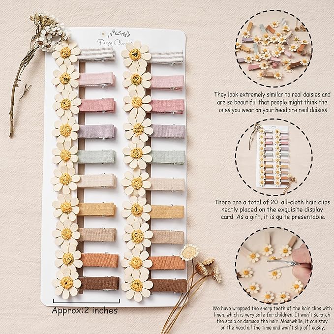 Hair Clips for Girls Women Toddler Baby,Assorted 20Pcs Flower Daisy Fabric Fully Lined Small Alligator Clips Hair Accessories for Teens Child Kids with Thick Thin Hair Gifts
