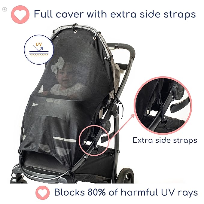 Stroller Sun Shade - Universal UV Protection Cover for Strollers Sunshade with See Through, Clip-On Sun Blocker, Sun Shield for Baby, Breathable Adjustable Fit, Full Coverage, XL Black