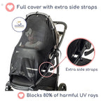 Stroller Sun Shade - Universal UV Protection Cover for Strollers Sunshade with See Through, Clip-On Sun Blocker, Sun Shield for Baby, Breathable Adjustable Fit, Full Coverage, XL Black