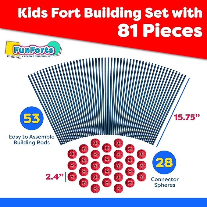 Power Your Fun Fun Forts Kids Tent - 81 Pack Fort Building STEM Toys Kit, Construction Toys Play Tent Indoor and Outdoor Playhouse for Kids with 53 Rods and 28 Spheres (Red, Blue)