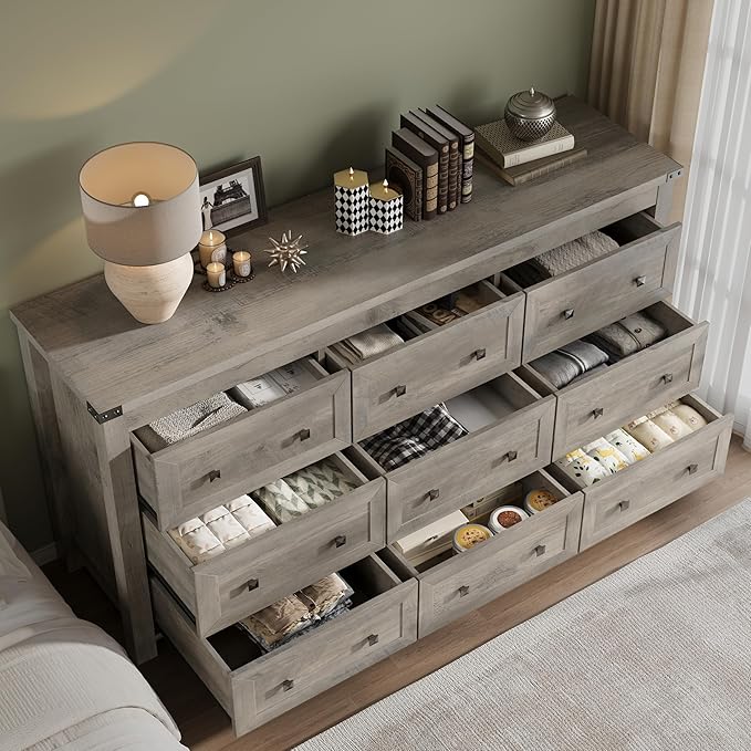 9-Drawer Dresser, Modern Wooden Storage Chest of Drawers, Dresser TV Stand, Wood Drawer Organizer with Metal Handles for Bedroom, Living Room, Hallway