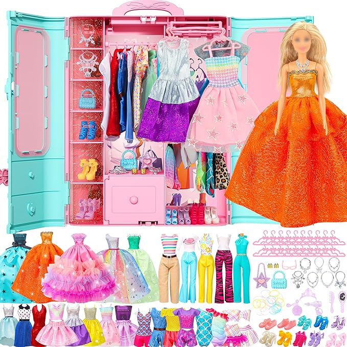 70 Pcs Doll Closet with Clothes & Accessories Including 2 Wedding Gowns 6 Fashion Dresses 2 Casual Outfits 2 Swimsuit 10 Shoes 20 Hangers 27 Accessories,Dress up Toys for Girls Kids Gifts