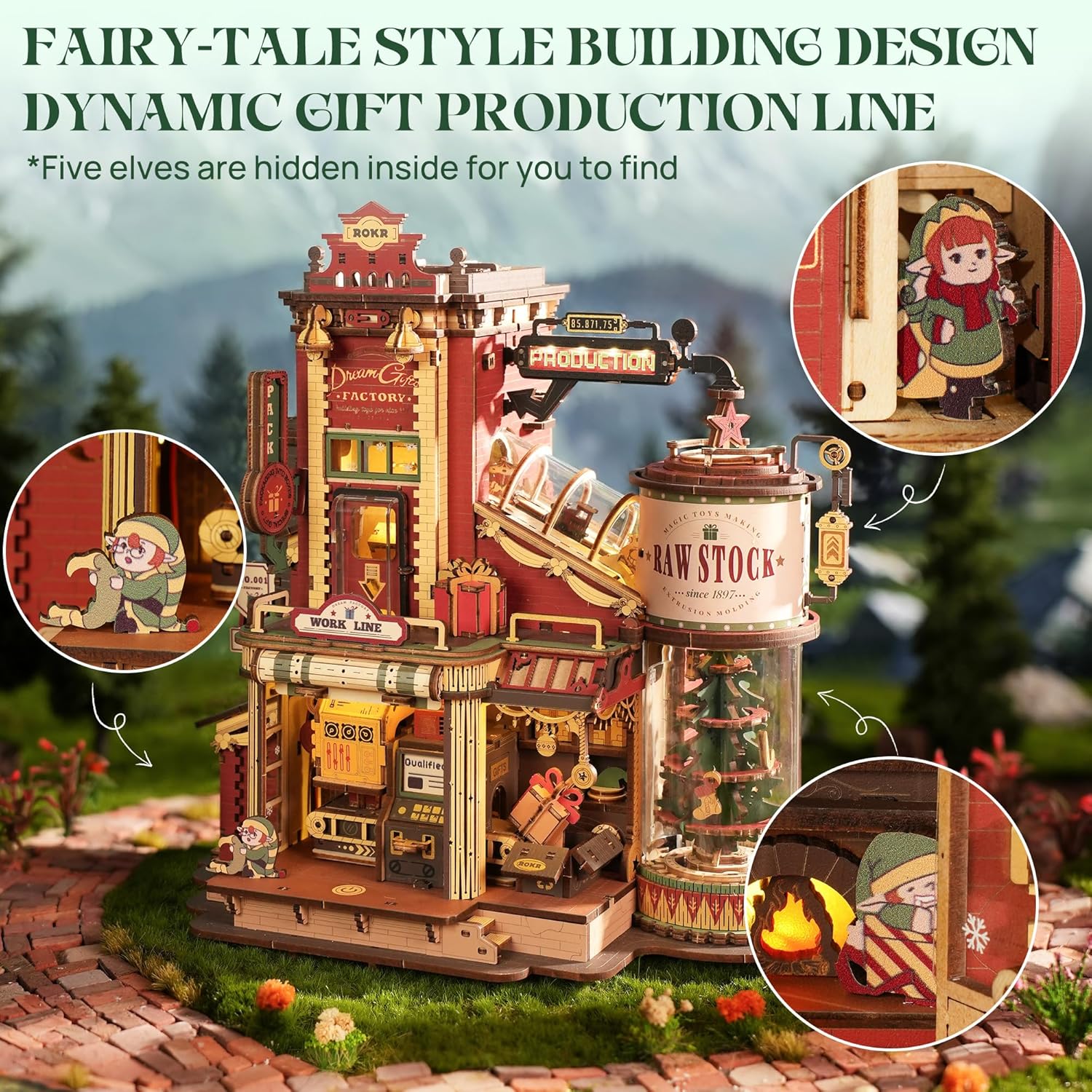 ROKR 3D Puzzle for Adults Christmas Style Dream Gift Factory Wooden Model Kit Luminous Factory DIY Dollhouse Kit Building with Music, Lights and 5 Elves for Teens & Kids