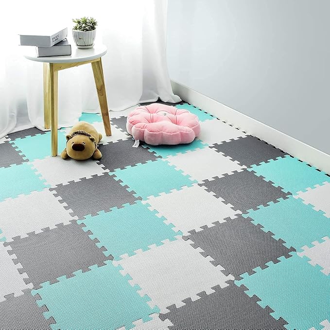 qqpp EVA Rubber 18 Tiles Interlocking Puzzle Foam Floor Mats - Baby Play Mat for Playing | Exercise Mat for Home Workout. White, Green, Gray. QC-AHLb18N