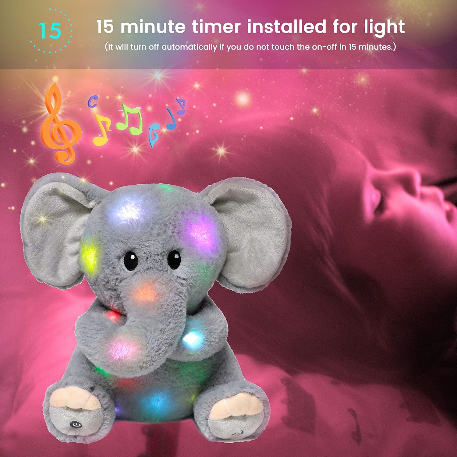 Hopearl LED Musical Stuffed Elephant Lighting Up Singing Plush Toy Adjustable Volume Lullaby Animated Soothe Birthday Festival for Kids Toddler Girls, Gray, 11''