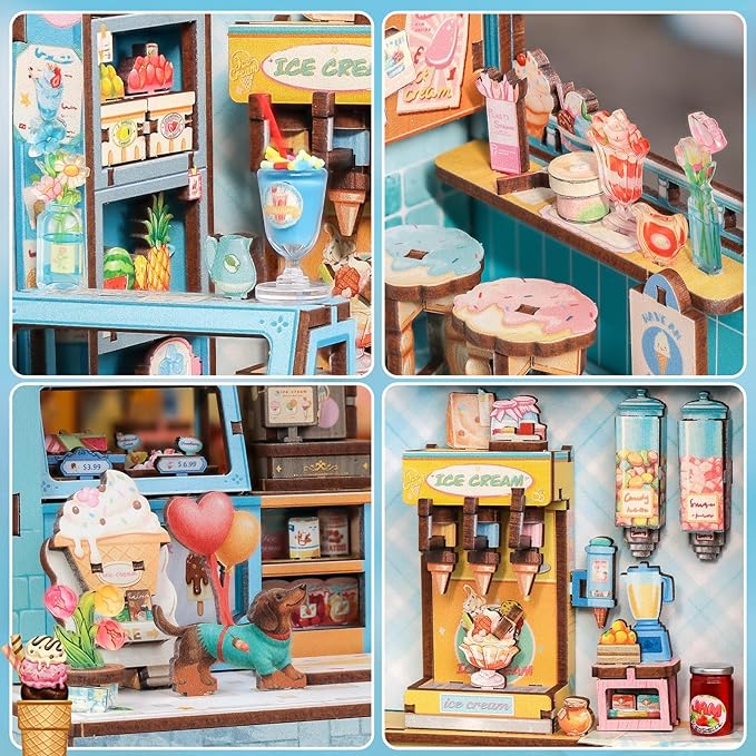 CUTEBEE Book Nook Kit - DIY Miniature House Dollhouse Kit for Adults and Teens, Booknook Tiny House Ice Cream Shop Bookshelf Decor 3D Wooden Puzzle, Gifts for Family, Friends (Bella's Ice Cream)