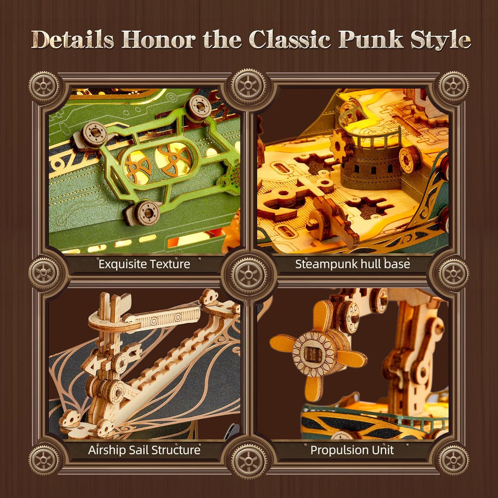 LED 3D Wood Puzzle Fantasy Airship Model - Steampunk DIY Craft Kit with LED Lights – Intricate Wooden Airship Model Building Set for Teens and Adults(Green)