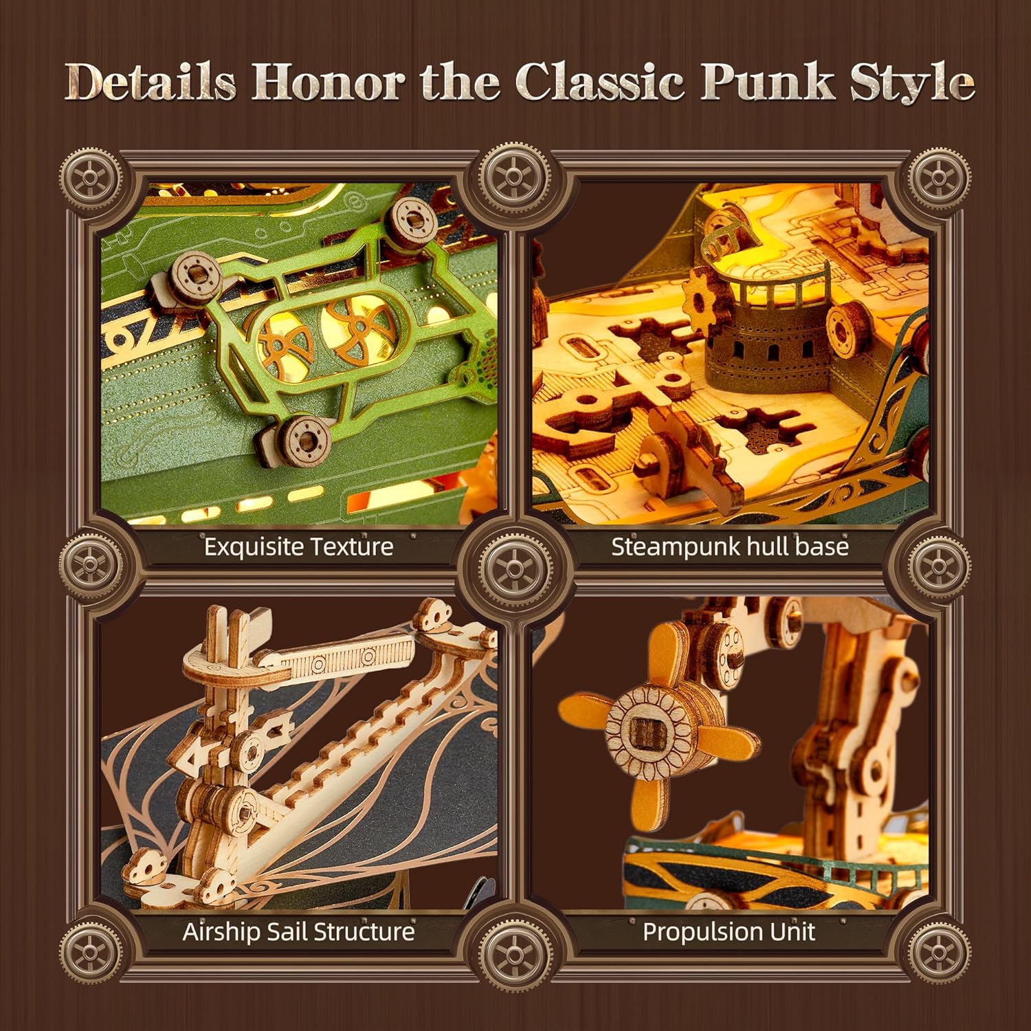 LED 3D Wood Puzzle Fantasy Airship Model - Steampunk DIY Craft Kit with LED Lights – Intricate Wooden Airship Model Building Set for Teens and Adults(Green)