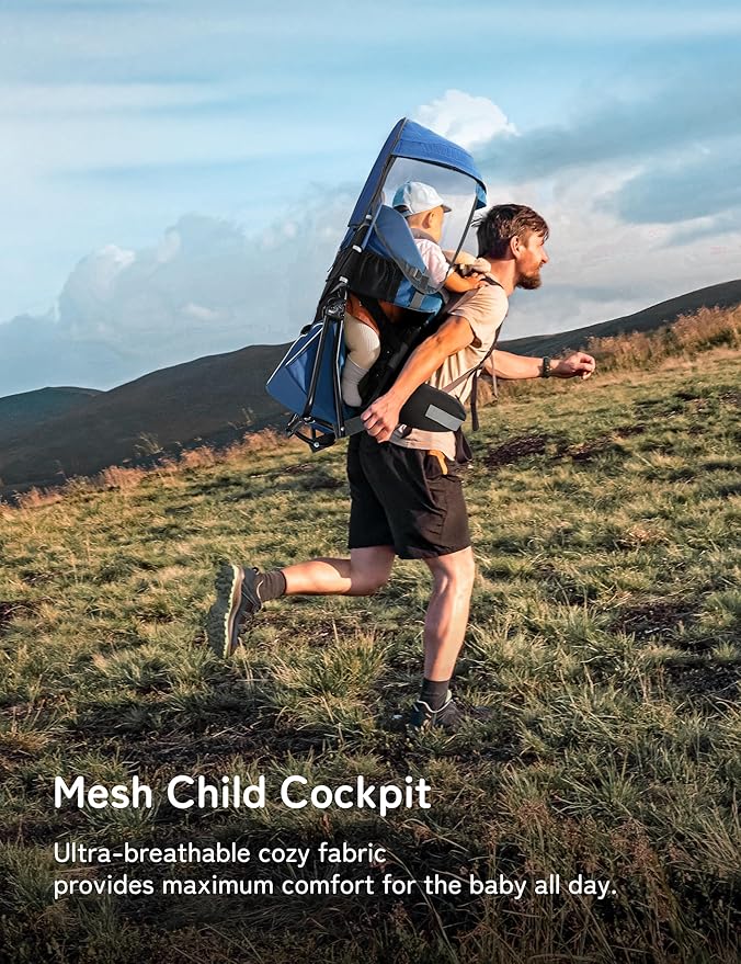 besrey Baby Backpack Carrier, Toddler Hiking Backpack with Safety 3-Height Seat, Adjustable Straps&Waist Belt, Foldable Frame Lightweight Large Capacity Child Carrier for Hiking (Klevin Blue)