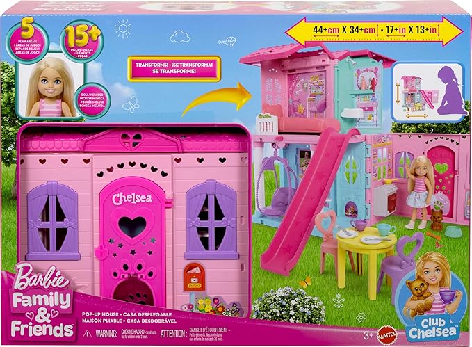 Barbie Chelsea Toy Dollhouse with 15+ Accessories, Pop-Up House Expands to 17+ x 13+ inches with 5 Play Areas & Slide, Includes Small Doll & Pet Dog