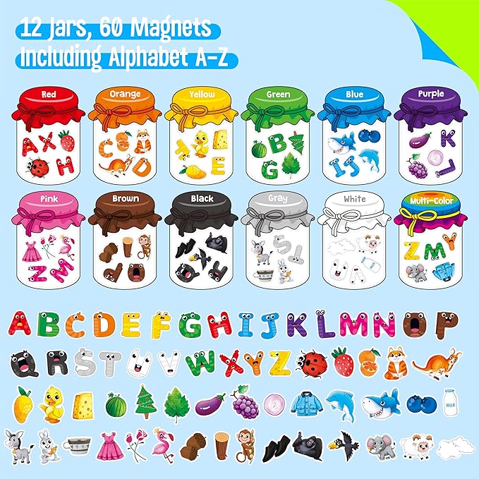 12 Pieces Magnetic Color Sorting Jars, 60 Color & Letter Magnets for Fridge Whiteboard, Early Educational Sorting Toy Set, Alphabet A-Z Learning Tool for Baby Toddlers Kids