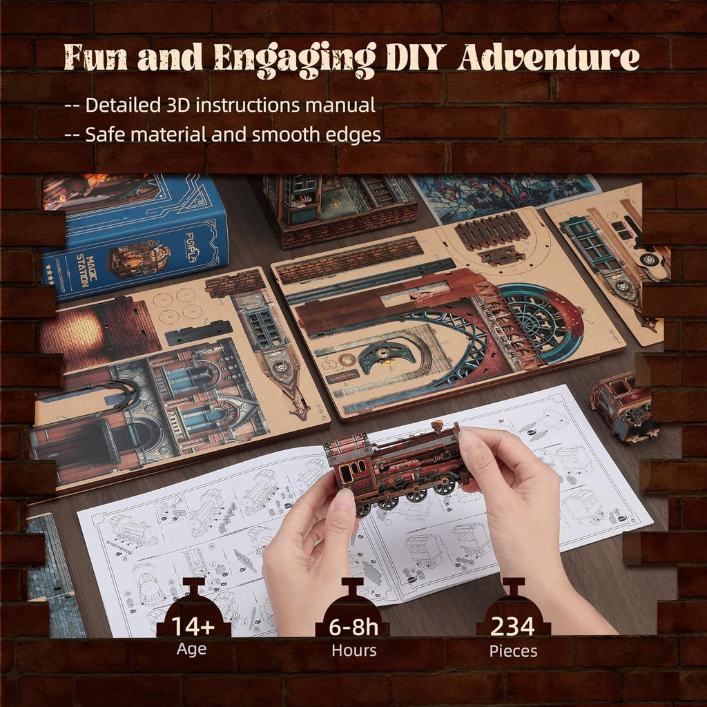 LED 3D Puzzle Magic Station Book Nook Kit - Interactive 3D Wood Puzzle LED Magical Miniature with Infinite Extension Space - DIY Bookshelf Insert Decor Gifts