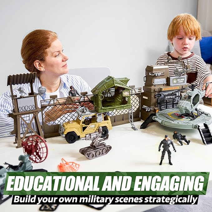 SYNCFUN Military Toy Set with Army Base, Vehicles, Action Figures & Weapon Accessories, Helicopter with Light & Sound - Christmas Birthday Gift for Kids Boys Girls