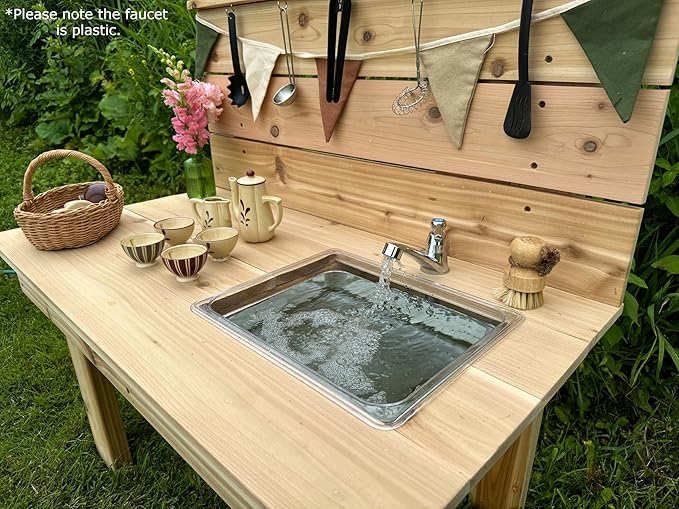 Noble Toys Mini Mud Kitchen with Functional Sink for Kids | Pretend Play Toddler Table with Running Water | Outdoor Playset Working Sink | Real Wooden Kitchens | Preschool Equipment