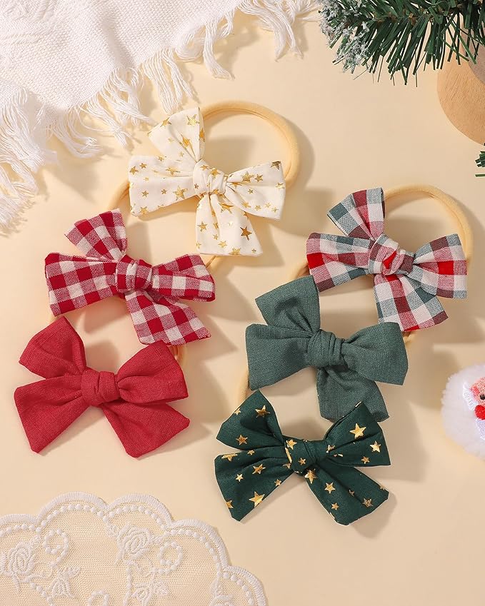 doboi 6PCS Christmas Baby Girls Headbands Hair Bows Star Nylon Cotton Linen Hairbands Fine Handmade Hair Accessories for Newborn Infant Toddlers Little Girls