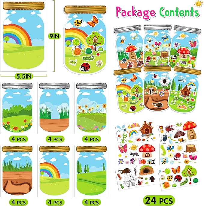 LINAYE 24 Sheets Insect Stickers with Jar Scenes, Make Your Own Bug Jar Stickers, Spring Crafts Activities for Kids Spring Party Decorations Supplies for Kids