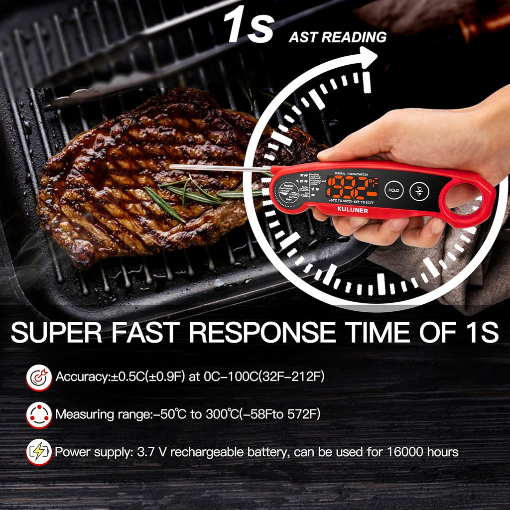 1-Second Rapid and Accurate Meat Thermometer - Waterproof Multifunctional Kitchen Food Thermometer, Ideal for Frying, Smoking, Grilling and More(Red)