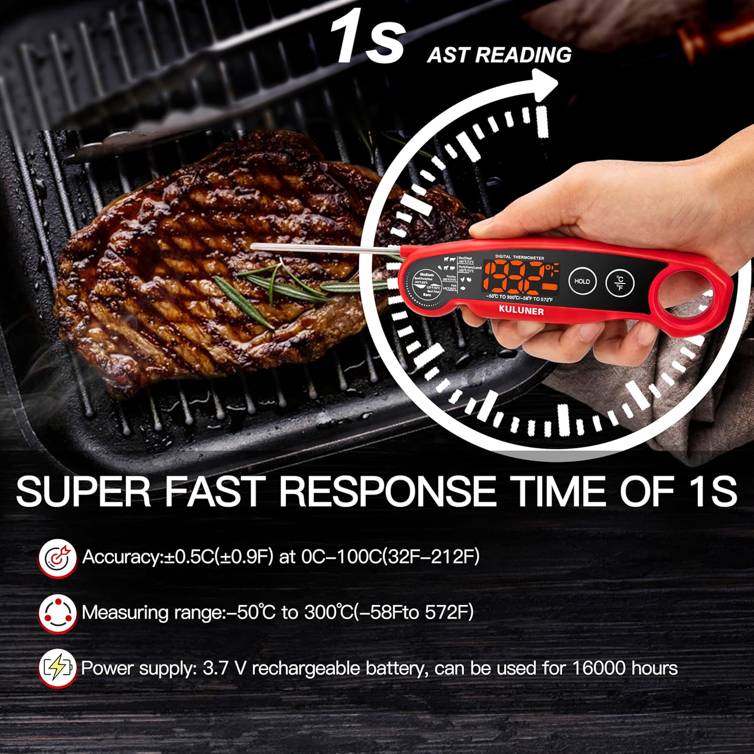 1-Second Rapid and Accurate Meat Thermometer - Waterproof Multifunctional Kitchen Food Thermometer, Ideal for Frying, Smoking, Grilling and More(Red)