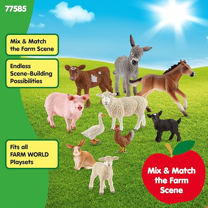Schleich Farm World - 10 PC Farm Animal Playset with Cow, Donkey, Chicken, Pig, Bunny, Horse Toys and More -Realistic Barnyard Figurines - Fun Educational Figures For Kids and Toddlers Ages 3+ - 77585