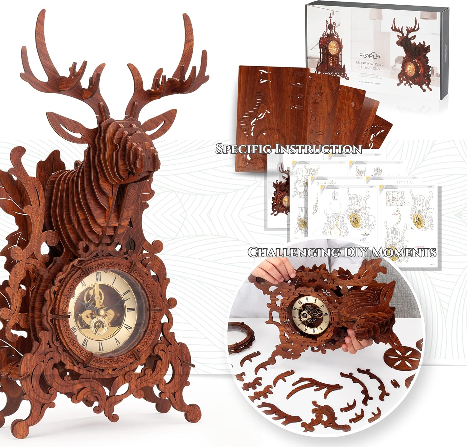 LED 3D Wood Puzzle Deer Clock, 3D Wooden Puzzle Elk Clock Building Model, Home Décor 3D Wooden Puzzle for Adults/Teens Christmas Gift(Wood, Yellow Light)