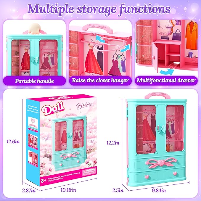 70 Pcs Doll Closet with Clothes & Accessories Including 2 Wedding Gowns 6 Fashion Dresses 2 Casual Outfits 2 Swimsuit 10 Shoes 20 Hangers 27 Accessories,Dress up Toys for Girls Kids Gifts