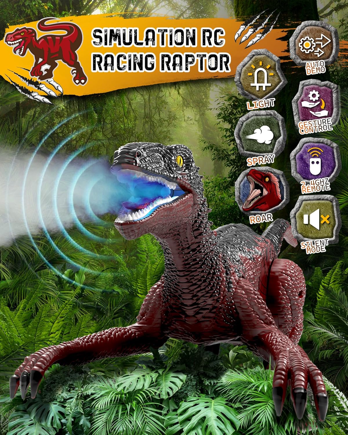 Eulogia Dinosaur Toy, RC Dinosaur Car with 2-in-1 Remote, Gesture-Sensing Forward Backward Dino, Features Spray & Sounds & Lights, One-Key Demo Car, 4-12 Boys Grils Gift for Birthday Christmas Party