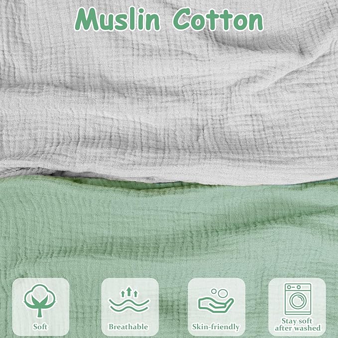 Hooyax Muslin Nursing Pillow Covers 2 Pack, Soft and Breathable Nursing Covers for Breastfeeding Pillows, Adorable Infant Feeding Pillow slipcover for Baby Boy and Girls (Green Gray)