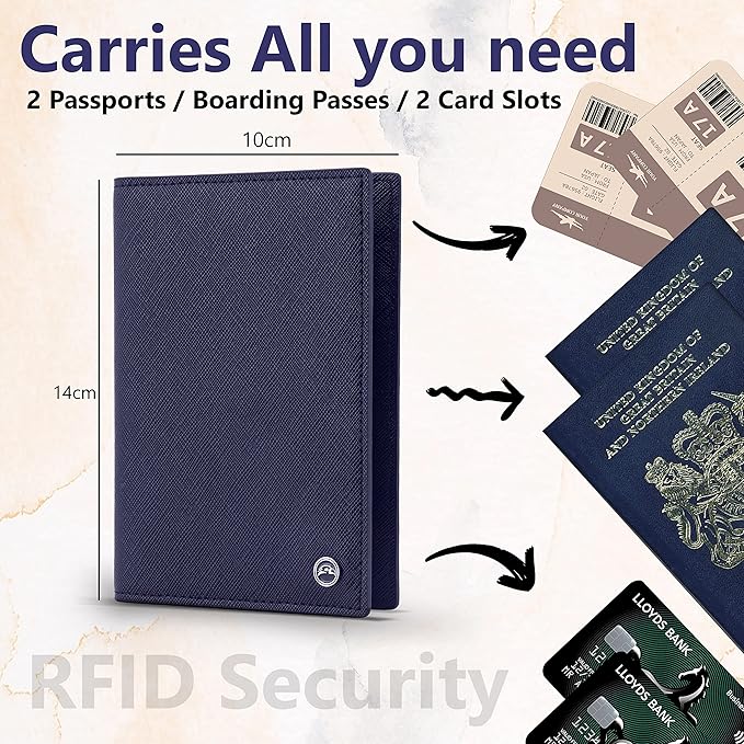 2 Passport Holder - Travel Essentials, RFID Blocking Wallet Credit Card Organiser, Plain Accessories Slim Cover For Men & Women