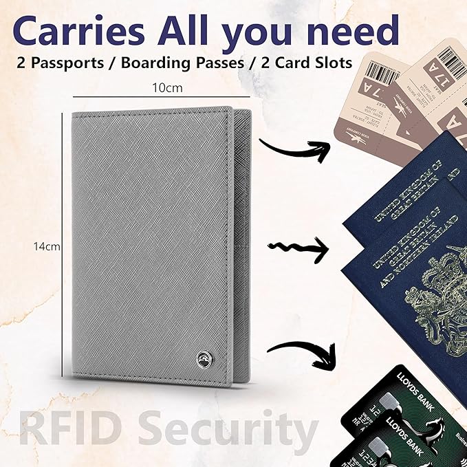 2 Passport Holder - Travel Essentials, RFID Blocking Wallet Credit Card Organiser, Plain Accessories Slim Cover For Men & Women