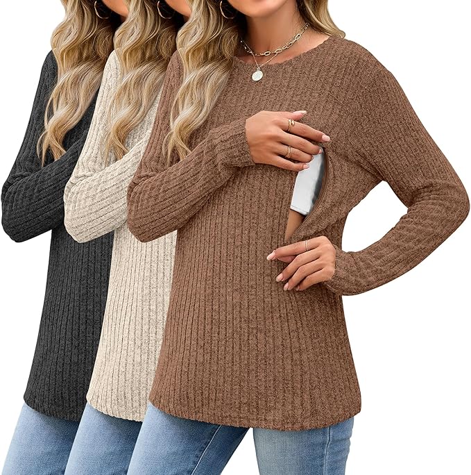 3 Pack Women's Nursing Long Sleeve Tops Breastfeeding Thermal Sweaters with Hidden Zipper Maternity Ribbed Shirts