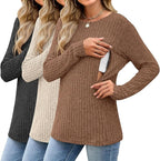 3 Pack Women's Nursing Long Sleeve Tops Breastfeeding Thermal Sweaters with Hidden Zipper Maternity Ribbed Shirts