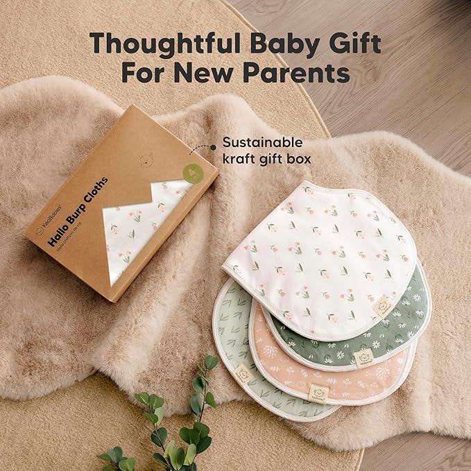 KeaBabies 4-Pack Baby Burp Cloths Baby Girl, Boy - Organic Cotton Burp Cloth, Extra Large, Absorbent, Soft Burping Cloths & Bibs Set for Babies, Newborn Burp Clothes, Thick Burp Rags (Fleur)
