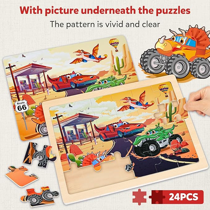 SYNARRY Large Wooden Monster Truck Puzzles for Kids Gift Box(12.2*9.4 in) - FSC Certified, 24 Piece Puzzles for Toddlers 3-5, Wood Puzzle for Kids Ages 4-6, Toys Gifts for 3 4 5 6 Year Old Boys Girls