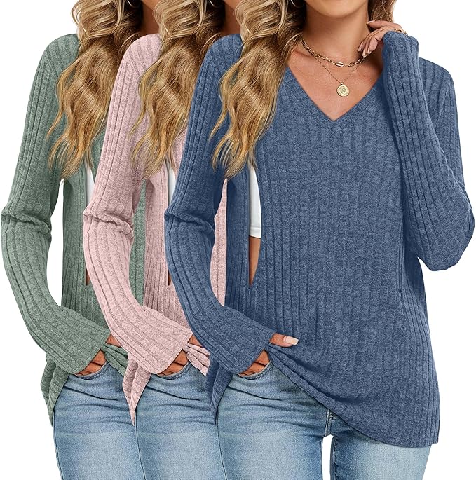 3 Pack Women's Maternity Nursing Tops, V Neck Breastfeeding Sweaters Long Sleeve Hidden Zipper Shirts