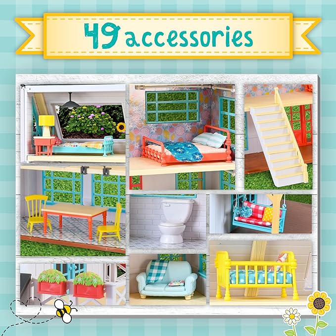 Sunny Days Entertainment Honey Bee Acres Buzzby Farmhouse – 49 Furniture Accessories with 2 Exclusive Figures | 15 Inch Dollhouse Playset | Pretend Play Toys for Kids