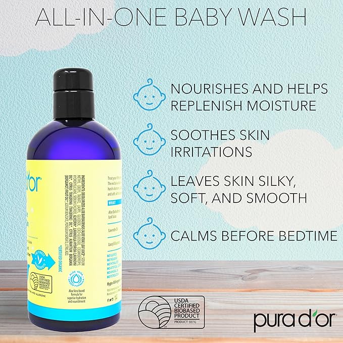 PURA D'OR 16 Oz All-in-One Calming Baby Wash & Shampoo For Hair & Entire Body, Tear Free, Sulfate Free, Natural Aloe Vera, USDA Biobased Gentle Formula