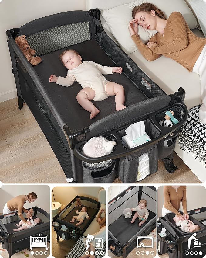 AirClub 4 in 1 Baby Bassinet Bedside Sleeper, 4 Functions Crib, Playard, Portable Changing Table, Bassinet for Newborn Baby, Bedsaide Bed w/Wheels&Brakes